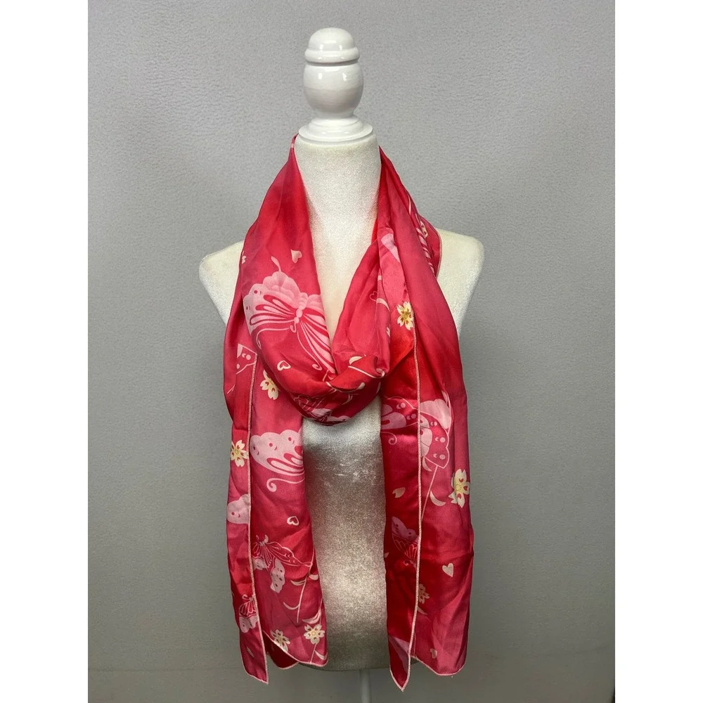 Y2K Whimsical Womens OS Red Pink Butterfly Floral Satin Long Scarf